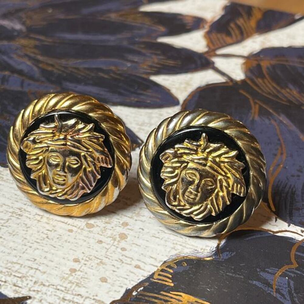 Vintage 80s Oversized XL Gold and Black Cameo Medusa Greek Myth Earrings